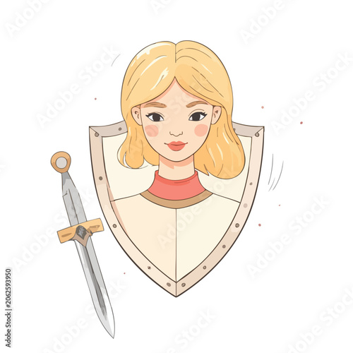 Illustration of a brave blonde female knight with shield and sword.