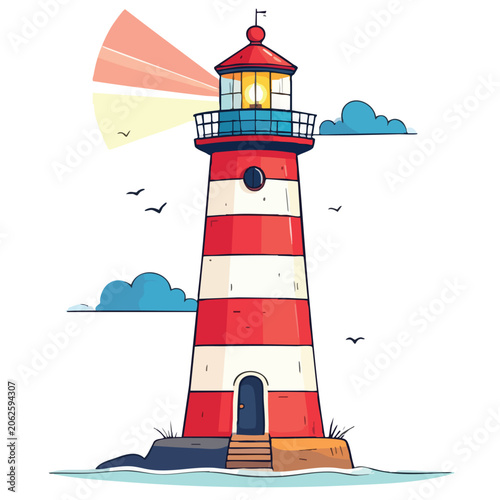 Illustrated red and white striped lighthouse beacon tower on a rocky island.