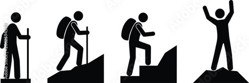 Bilde på lerret Hiking and mountaineering stick figure silhouette icon set showing a hiker climbing uphill walking with trekking poles and celebrating success