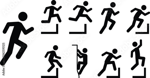 Schilderij op canvas Running man obstacle course stick figure silhouette icon set showing jumping over hurdles climbing walls and parkour training actions