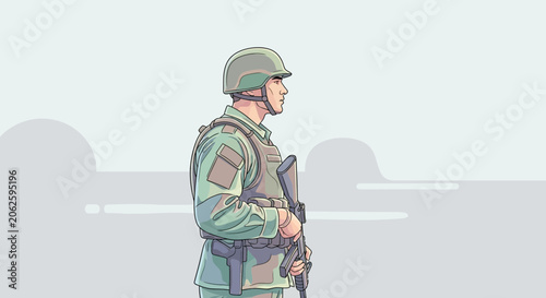 Schilderij op canvas Soldier in Uniform with Rifle, Standing Guard, Pixel Art Style