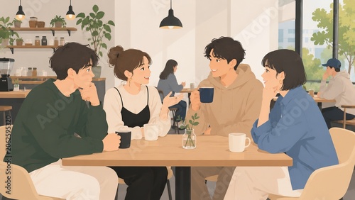 Group of young adult friends enjoying coffee and lively conversation at a modern cafe.