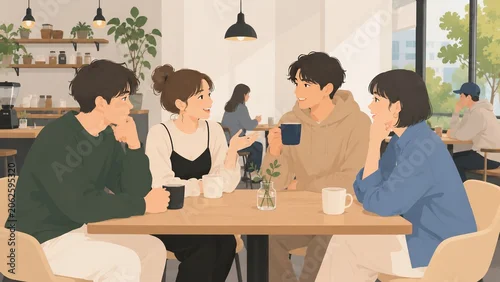 Fototapeta na wymiar Group of young adult friends enjoying coffee and lively conversation at a modern cafe.