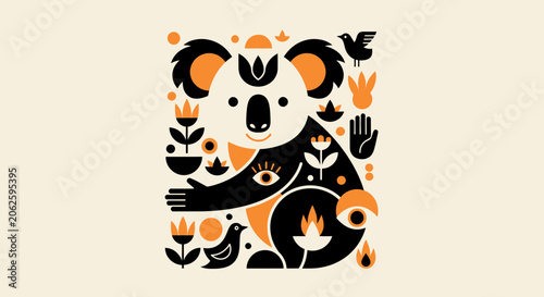 Stylized Koala Illustration with Nature Elements and Abstract Symbols