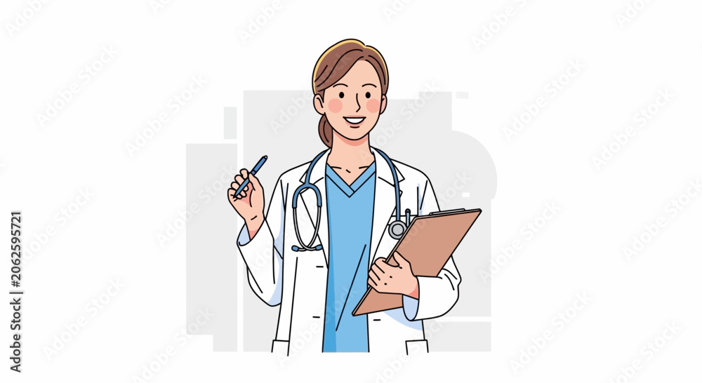Fototapeta premium Smiling female doctor with stethoscope holding clipboard and pen, medical professional illustration