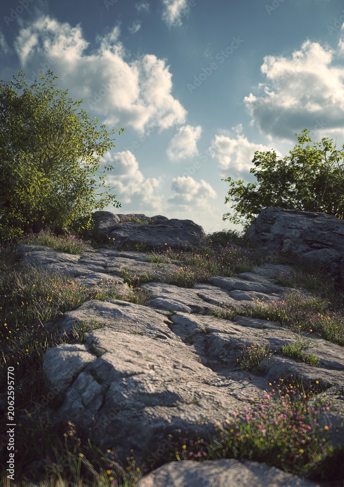 Obraz premium Rocky Landscape Under a Cloudy Sky - A Serene Outdoor Vista.