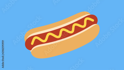 Flat Vector Illustration of a Classic Grilled Hot Dog with Yellow Mustard on a Bright Solid Blue Background for Culinary Graphics