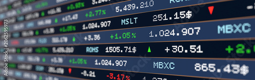 Photos Stock market ticker tape, exchange data, prices, percentage changes and arrows up or down