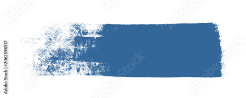 Blue paint roller brush stroke grunge texture. Long horizontal distressed wall paint swipe patch displaying realistic industrial roll details for textbook background framework layout clip art.