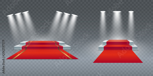 Two empty red carpet podiums brightly illuminated by spotlights, ready for celebrations and awards