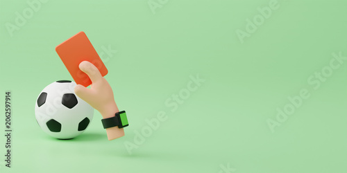 Minimalist 3D illustration of hand holding red card with soccer ball for referee penalty concept