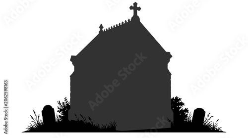 Silhouette of a small church building.