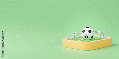 Minimalist 3D illustration of soccer ball on miniature football field for sports tournament