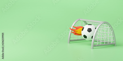 Minimalist 3D illustration of flaming soccer ball flying into goal net for sports victory concept