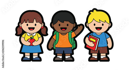 Three children standing together smiling.