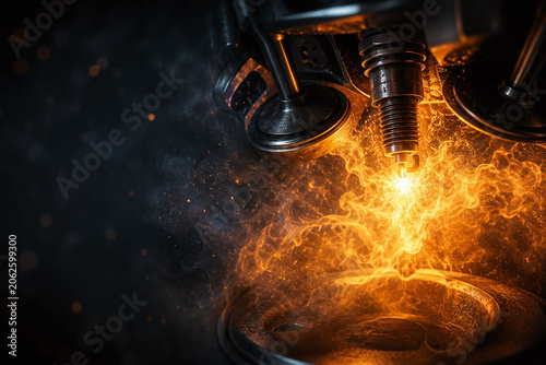 Dramatic closeup of a spark plug igniting a powerful fire explosion inside an engine cylinder, showcasing intense mechanical energy and precision. Nobody present.