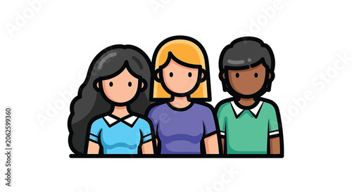 Three diverse women standing together smiling.