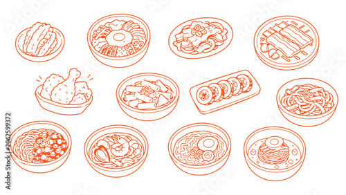 Korean food icon set in clean monoline vector style, featuring kimchi, bibimbap, noodles, fried chicken, rolls, barbecue, and soups, perfect for menus, packaging, restaurant branding, and design uses.