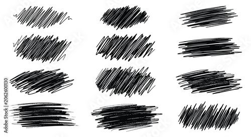 Twelve distinct black scribble textures and hand-drawn charcoal pencil hatching strokes set on a white background.
