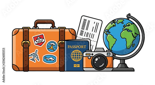 Travel Suitcase With Passport Globe Camera.