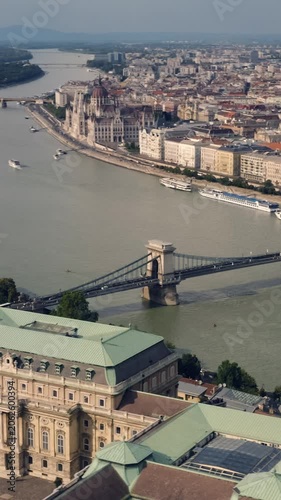 Vertical High Angle View of Szechenyi Chain Bridge and Hungarian Parliament in Budapest