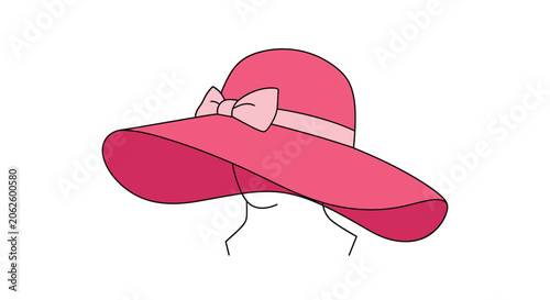 Elegant women pink wide-brim sun hat with a matching bow ribbon shown in a clean simple cartoon outline style.