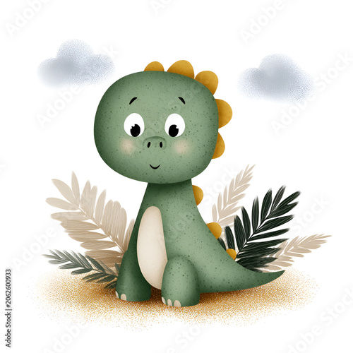 Cute green dinosaur illustration sitting among tropical leaves with a playful expression