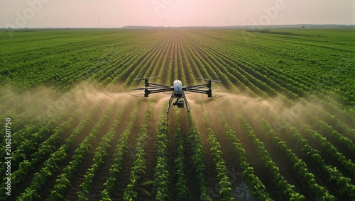 Drone spraying gps-guided fertilizer across precise crop row in high-tech precision agriculture field, illustrating automated soil nutrient management and targeted application.