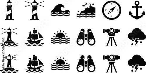 Bilde på lerret Nautical icon set vector illustration with lighthouse ship anchor compass ocean wave telescope binoculars and storm cloud for maritime design