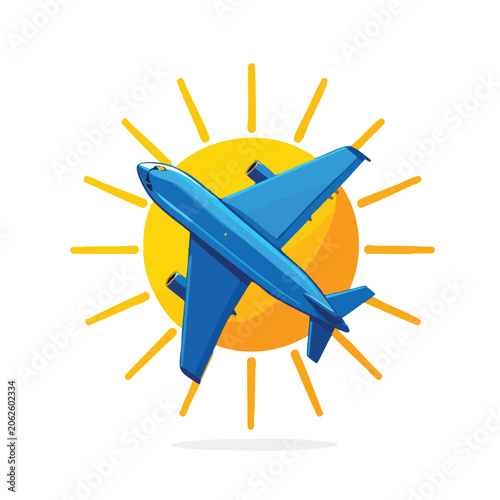 Illustration of a blue airplane flying in front of a bright yellow sun.