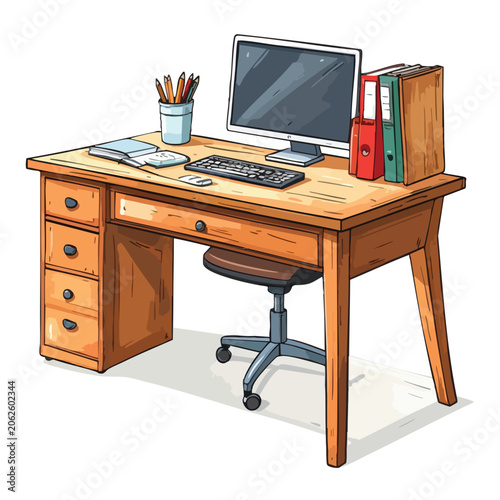 A detailed illustration of a classic wooden office desk with computer setup.