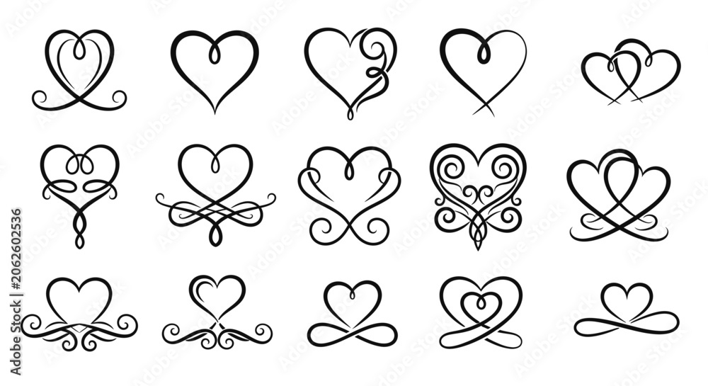 Fototapeta premium Elegant Decorative Heart Calligraphy Flourish Set for Romantic Wedding Invitations and Valentine Card Designs