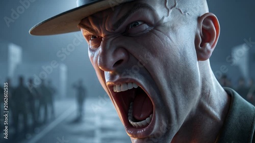 Angry military drill sergeant yelling loud. Furious army commander in hat shouting at soldiers in boot camp. Intense aggressive leadership concept