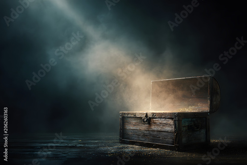 A wooden treasure chest, illuminated by golden light and smoke, rests in a dark, mysterious setting, hinting at hidden riches and forgotten tales.