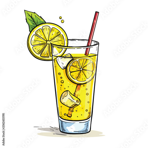 Hand Drawn Illustration of Refreshing Lemonade Drink with Ice Cubes.