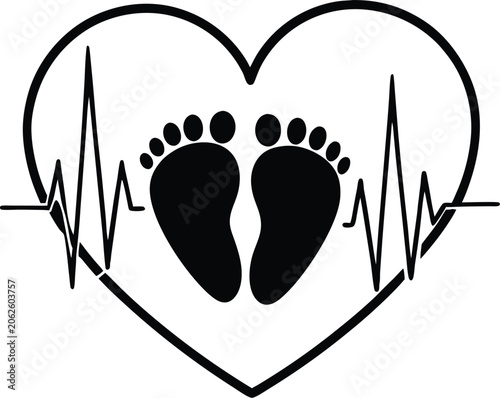 Heart Pulse Line With Tiny Baby Feet Symbol