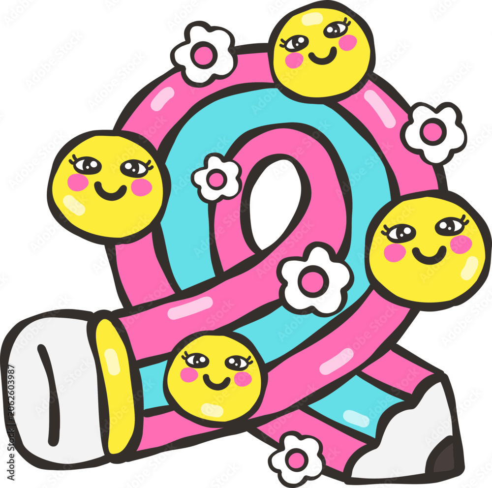 Fototapeta premium Retro groovy rainbow pencil with smile faces, Cartoon hand drawn kawaii back to school