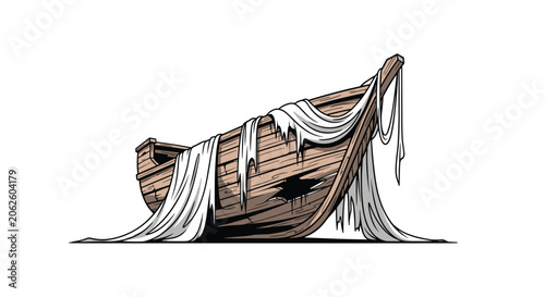 Abandoned old wooden boat covered with weathered white fabric shrouds resting silently on a clean white background.