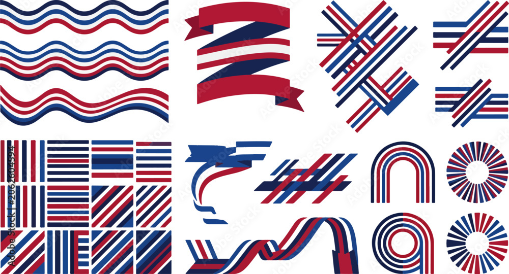 Fototapeta premium Abstract american flag inspired patterns and ribbons set in red, white, and blue colors.