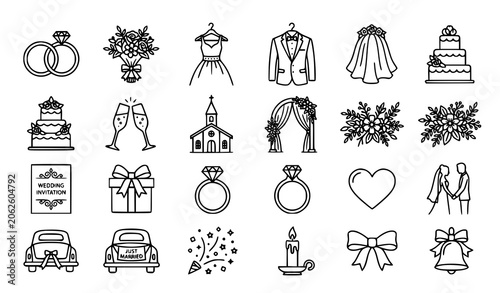 Cuadro en lienzo Wedding Ceremony and Bridal Line Icon Set with Rings Bouquet Dress and Celebrati