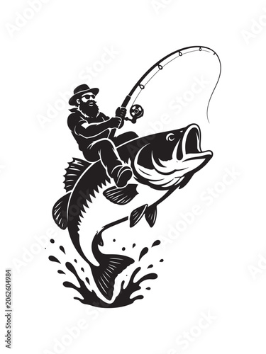 Silhouette of a fisherman riding a large fish black and white vector illustration with splashing water fishing angler anglerfish large mouth