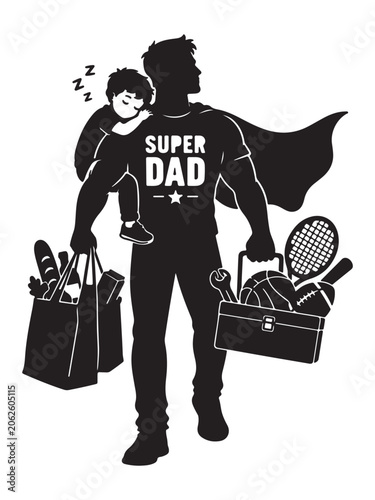 Super dad carrying sleeping child and tools