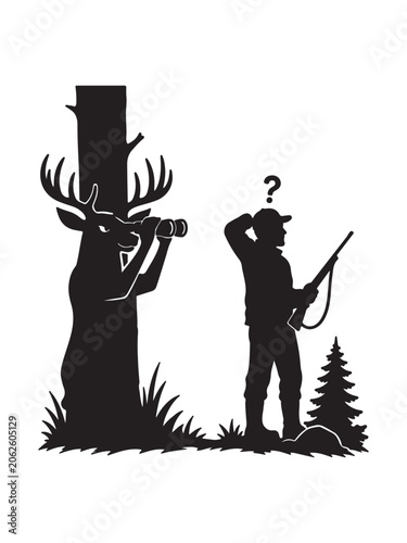 Hunter and deer in forest with question mark