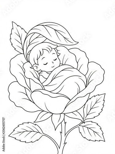 sleeping baby in a rose flower sketch 
