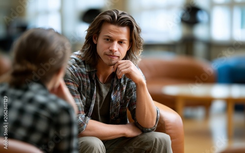 Thoughtful man engaged in deep conversation in modern living space