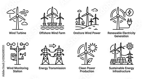 Set of black and white line art vector graphic icons representing wind energy offshore turbines renewable power generation and sustainable electrical infrastructure for modern clean technology