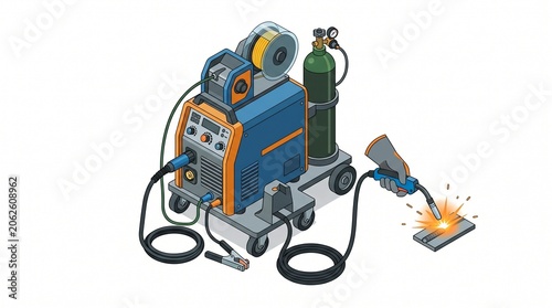 Tableau sur toile Isometric MIG welding machine on cart with gas cylinder, wire spool, and torch