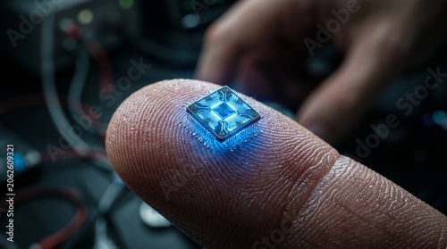 Tiny glowing blue circuit chip on a human fingertip.