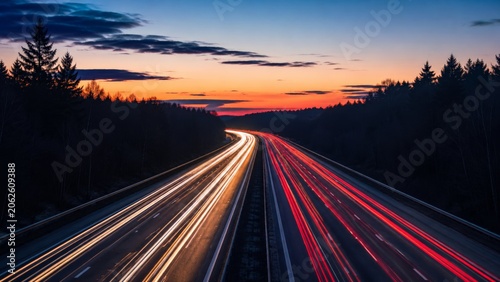 Long exposure light trails of cars on highway at sunset.