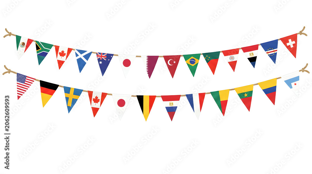 Obraz premium many natinal flags hanging on rope festive design decoration isolated on transparent png